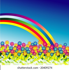 VEKTOR-Dämme Blumen-Hintergrund mit einem wunderschönen Regenbogen am Himmel