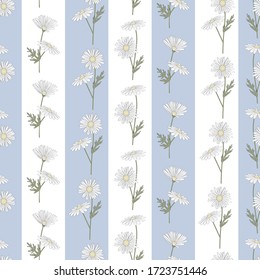Vector Daisy Flowers in White Yellow Green on Blue White Stripes Background Seamless Repeat Pattern. Background for textiles, cards, manufacturing, wallpapers, print, gift wrap and scrapbooking.