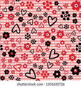 Vector, Daisy Hearts Red & Black Gingham,  Repeating Seamless Nature Pattern Background, Delightful Illustration of Daisies & Heart Shapes for Fabric, Fashion Prints,Scrapbooking & Weddings Stationery