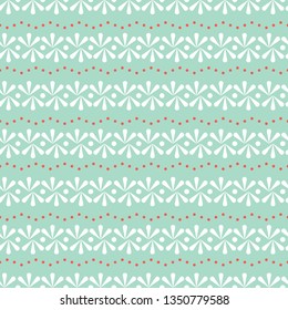 Vector Daisy Stripes on Light Green with Red Dots seamless pattern background.
