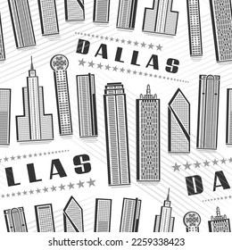 Vector Dallas Nahtlose Muster, quadratischer, mehrfarbiger Hintergrund mit Illustration berühmter Dallas-Stadtbild auf weißem Hintergrund für Verpackungspapier, einfarbiges Kunststubenposter mit dunklen Textdallas