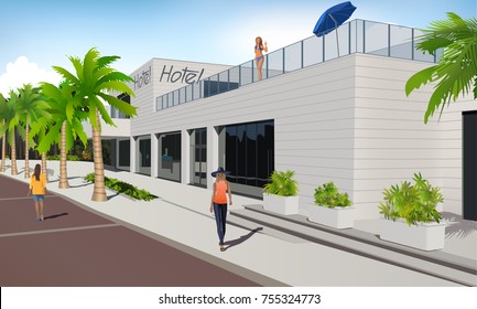 Vector Dalmatian Riviera Hotel, Bright Sunny Day With Beautiful Girls in The Scene, Eps 10 Vector, Transparency and Gradient Mesh Used