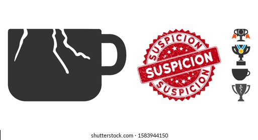 Vector damaged cup icon and rubber round stamp seal with Suspicion phrase. Flat damaged cup icon is isolated on a white background. Suspicion stamp uses red color and rubber surface.