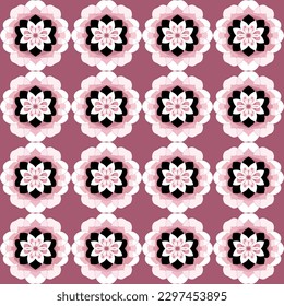 Vectordamast-Design mit Rosen in Rosa- und Rottönen auf schwarzem Hintergrund, Blüte und elegantes Muster, geeignet für hochwertige Textilien und Tapeten.