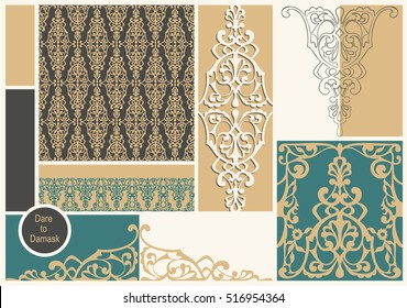 Vector damask mood board template. Vintage collage. Set seamless pattern