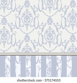 Vector damask pattern ornament.  Molding Border and stripes. Elegant luxury texture for textile, fabrics or wallpapers backgrounds. Serenity blue color