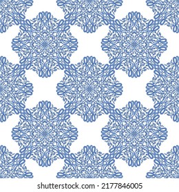 Vector damask rhombus seamless pattern from blue Art Nouveau scrolls, lily flowers, tulips leaf and floral elements on a white background