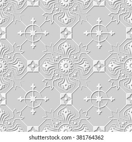 Vector damask seamless 3D paper art pattern background 110 Round Cross Flower
