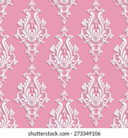 Vector Damask Seamless Background with 3d Floral Pattern over Pink Backdrop