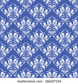 Vector damask seamless on blue background.  Royal wallpaper.