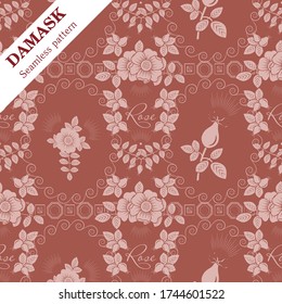 Vector Damask seamless ornament with wild rose motif