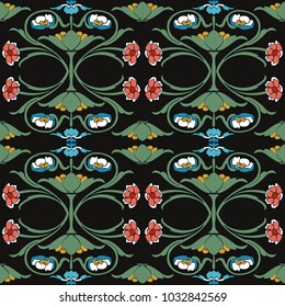 Vector damask seamless pattern background spiral curve cross vine leaf flower