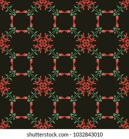 Vector damask seamless pattern background red flower cross green leaf vine