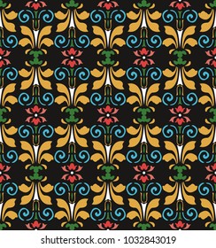 Vector damask seamless pattern background colorful curve spiral vortex cross leaf flower