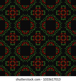 Vector damask seamless pattern background botanic garden curve cross green leaf red flower