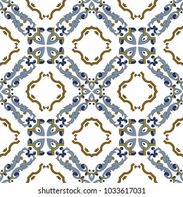Vector damask seamless pattern background spiral curve check cross blue frame line