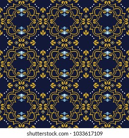 Vector damask seamless pattern background spiral curve cross vortex gold frame blue flower