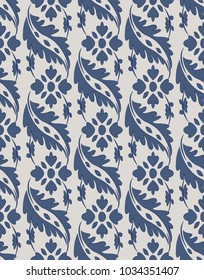 Vector damask seamless pattern background blue curve spiral cross frame leaf vine flower
