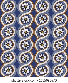 Vector damask seamless pattern background round blue curve cross spiral frame botanic garden white flower