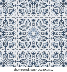 Vector damask seamless pattern background blue curve square cross fan shape leaf dot line