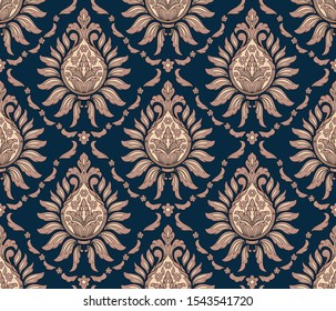 Vector damask seamless pattern background. Classical luxury old fashioned damask ornament, royal victorian seamless texture for wallpapers, textile, wrapping. Exquisite floral baroque template.