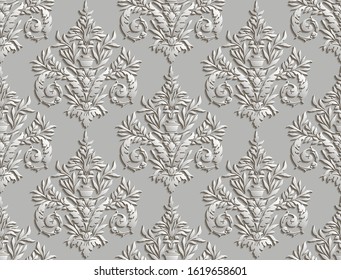 Vector damask seamless pattern background. Elegant luxury texture for wallpapers, backgrounds and page fill. 3D elements with shadows and highlights.