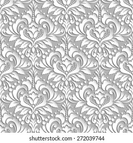 Vector damask seamless pattern background. Elegant luxury texture for wallpapers, backgrounds and page fill. 3D elements with shadows and highlights. Paper cut.