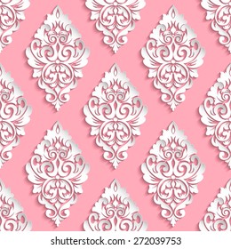 Vector damask seamless pattern background. Elegant luxury texture for wallpapers, backgrounds and page fill. 3D elements with shadows and highlights. Paper cut.