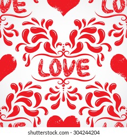 Vector damask seamless pattern background with love word. Elegant luxury texture for wallpapers, backgrounds and page fill. Elements with highlights. Heart resembling shapes ornaments.
