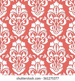 Vector damask seamless pattern background. Elegant luxury texture for wallpapers, backgrounds and page fill. 3D elements with shadows and highlights. Paper cut.