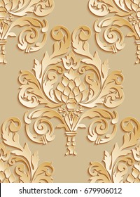 Vector damask seamless pattern background. Elegant luxury texture for wallpapers, backgrounds and page fill. 3D elements with shadows and highlights.