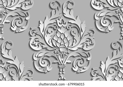 Vector damask seamless pattern background. Elegant luxury texture for wallpapers, backgrounds and page fill. 3D elements with shadows and highlights.