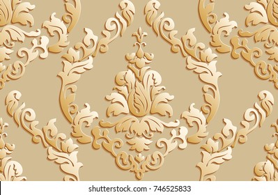 Vector damask seamless pattern background. Elegant luxury texture for wallpapers, backgrounds and page fill. 3D elements with shadows and highlights.