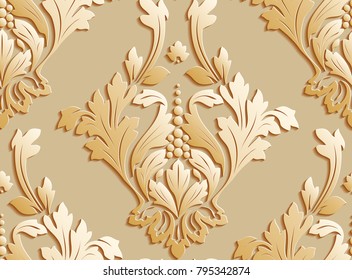 Vector damask seamless pattern background. Elegant luxury texture for wallpapers, backgrounds and page fill. 3D elements with shadows and highlights.