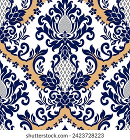 Vector Damask seamless pattern. Beige and blue vintage background. Damask wallpaper