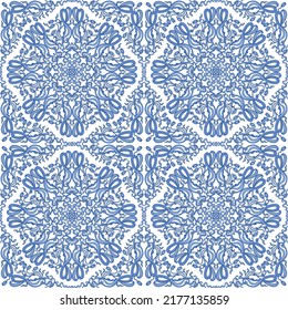 Vector damask seamless pattern from blue Art Nouveau scrolls, lily flowers, tulips leaf and floral elements on a white background