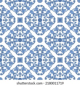 Vector Damask seamless pattern from blue Baroque sea shell scrolls on a white background