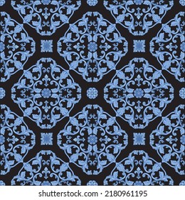 Vector Damask seamless pattern from blue Baroque sea shell scrolls on a black background