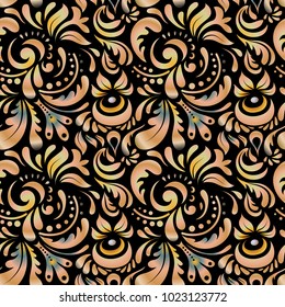 Vector damask seamless pattern. Classical luxury damask ornament, royal victorian seamless texture for fabric, textile, wrapping. Exquisite floral baroque template in orange, black and beige colors.