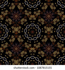 Vector damask seamless pattern. Classical luxury old fashioned ornament, royal victorian seamless texture for fabric, textile, wrapping. Exquisite baroque template in brown, yellow and purple colors.