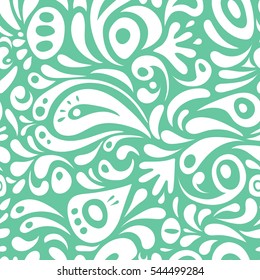 Vector damask seamless pattern. Classical luxury old fashioned damask ornament, royal victorian seamless texture for wallpapers, textile, wrapping. Exquisite baroque template in white doodles on green