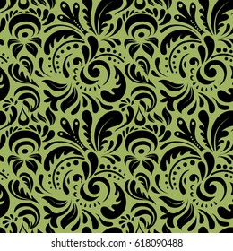 Vector damask seamless pattern. Classical luxury old fashioned damask ornament, royal victorian seamless texture for wallpapers, textile, wrapping. Exquisite doodle template in green and black colors.