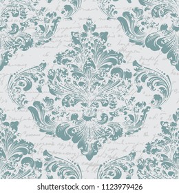 Vector damask seamless pattern element with ancient text. Classical luxury old fashioned damask ornament, royal victorian seamless texture for wallpapers, textile. Exquisite floral baroque template