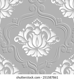 Vector damask seamless pattern element. Elegant luxury texture for wallpapers, backgrounds and page fill. 3D elements with shadows and highlights. Paper cut.