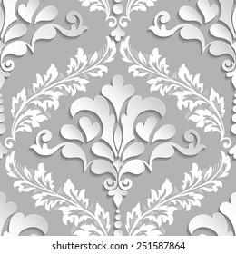 Vector damask seamless pattern element. Elegant luxury texture for wallpapers, backgrounds and page fill. 3D elements with shadows and highlights. Paper cut.