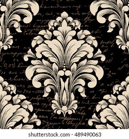 Vector damask seamless pattern element with ancient text. Classical luxury old fashioned damask ornament, royal victorian seamless texture for wallpapers, textile. Exquisite floral baroque template.