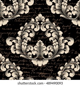 Vector damask seamless pattern element with ancient text. Classical luxury old fashioned damask ornament, royal victorian seamless texture for wallpapers, textile. Exquisite floral baroque template.