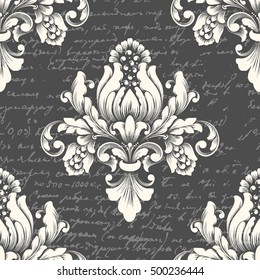 Vector damask seamless pattern element with ancient text. Classical luxury old fashioned damask ornament, royal victorian seamless texture for wallpapers, textile. Exquisite floral baroque template.