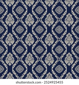 Vector damask seamless pattern. Gloden leaf with Navy blue background. Design for wallpaper Decoration, textile, embroidery, fabric, wrapping paper. Vector illustration.