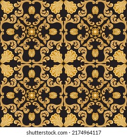 Vector Damask seamless pattern from golden Baroque scrolls on a black background